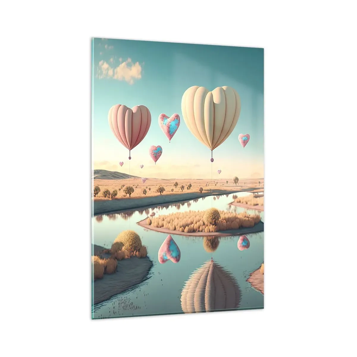 Cuadro sobre vidrio - Impresiones sobre Vidrio - Globos en forma de corazón flotando sobre el paisaje. - 80x120cm - El amor te hace volar - Decoración de pared moderna para salón y dormitorio ARTTOR