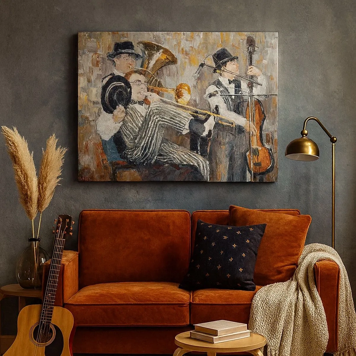 Cuadro sobre lienzo - Impresión de Imagen - Músicos de jazz en estilo pictórico durante un concierto. - 70x50cm - Todo ese jazz - Decoración de pared moderna para salón y dormitorio ARTTOR