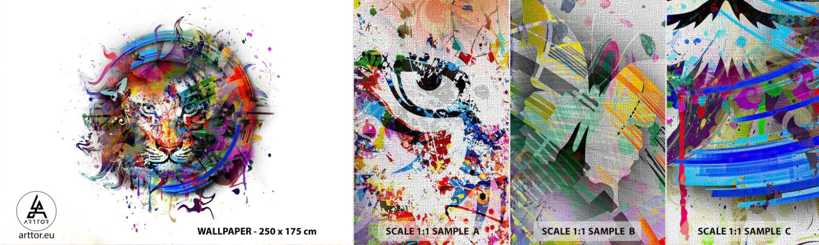 Muestra de fotomural Premium Canvas - Al acecho tras la cortina arco iris - Abstracción, Tigre, Gráficos - 100x30 cm