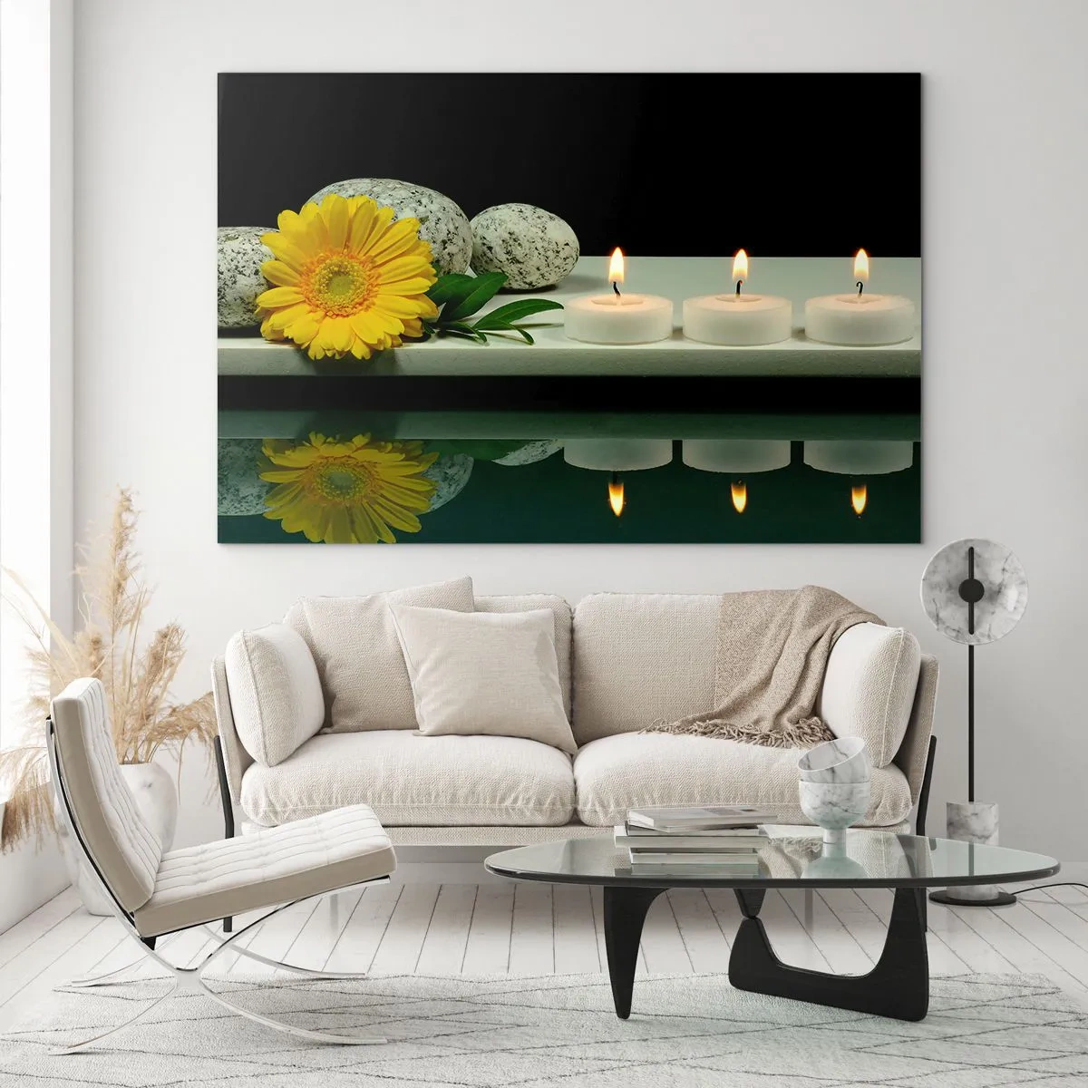 Cuadro sobre vidrio - Impresiones sobre Vidrio - Velas, piedras y una flor amarilla reflejada en el agua. - 120x80cm - Calmar los sentidos - Decoración de pared moderna para salón y dormitorio ARTTOR