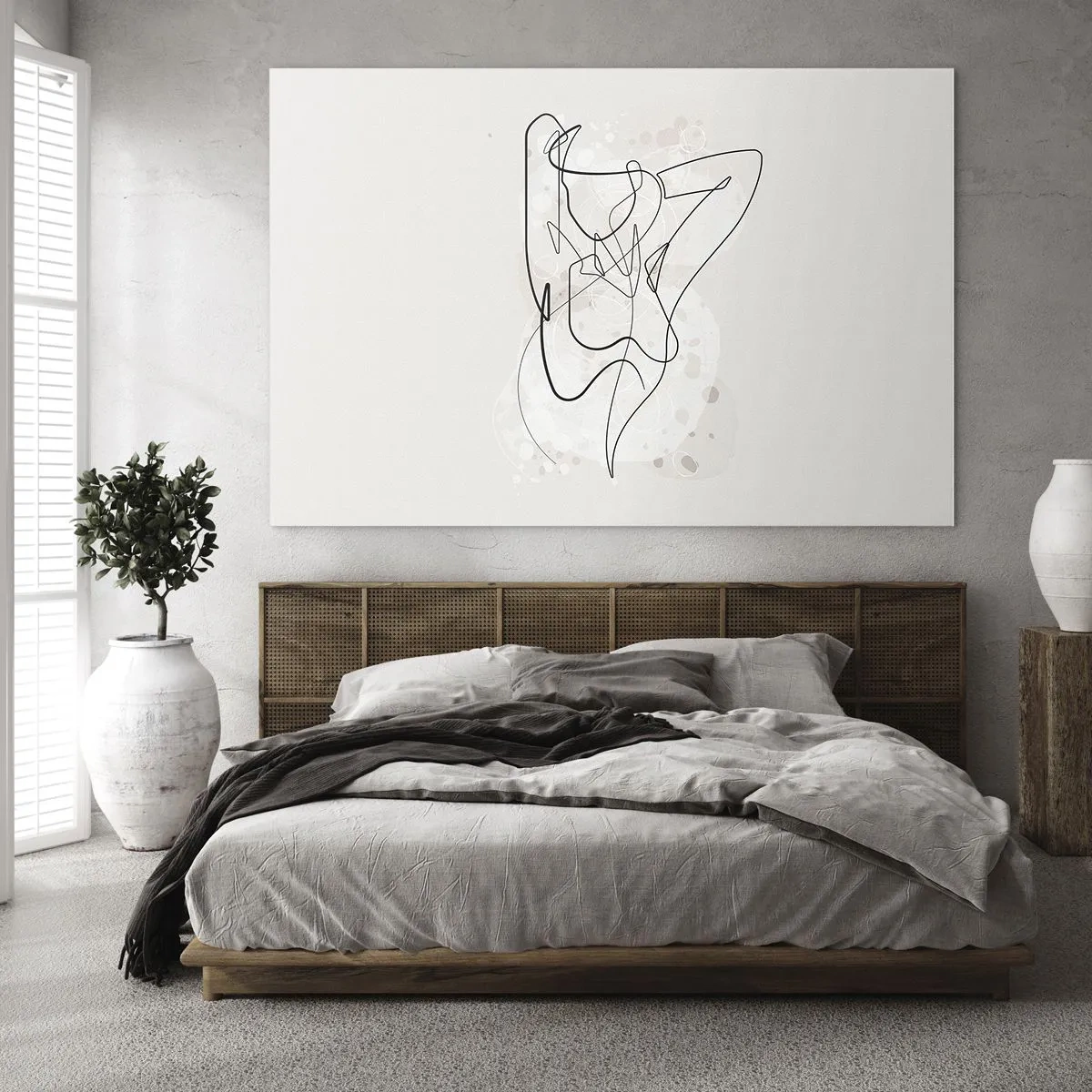 Cuadro sobre vidrio - Impresiones sobre Vidrio - Una silueta femenina dibujada con una línea sobre un fondo claro. - 70x50cm - El arte de la seducción - Decoración de pared moderna para salón y dormitorio ARTTOR