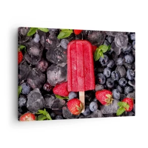 Cuadro sobre lienzo - Impresión de Imagen - Paleta roja rodeada de fruta y hielo. - 70x50cm - El sabor del verano caluroso - Decoración de pared moderna para salón y dormitorio ARTTOR
