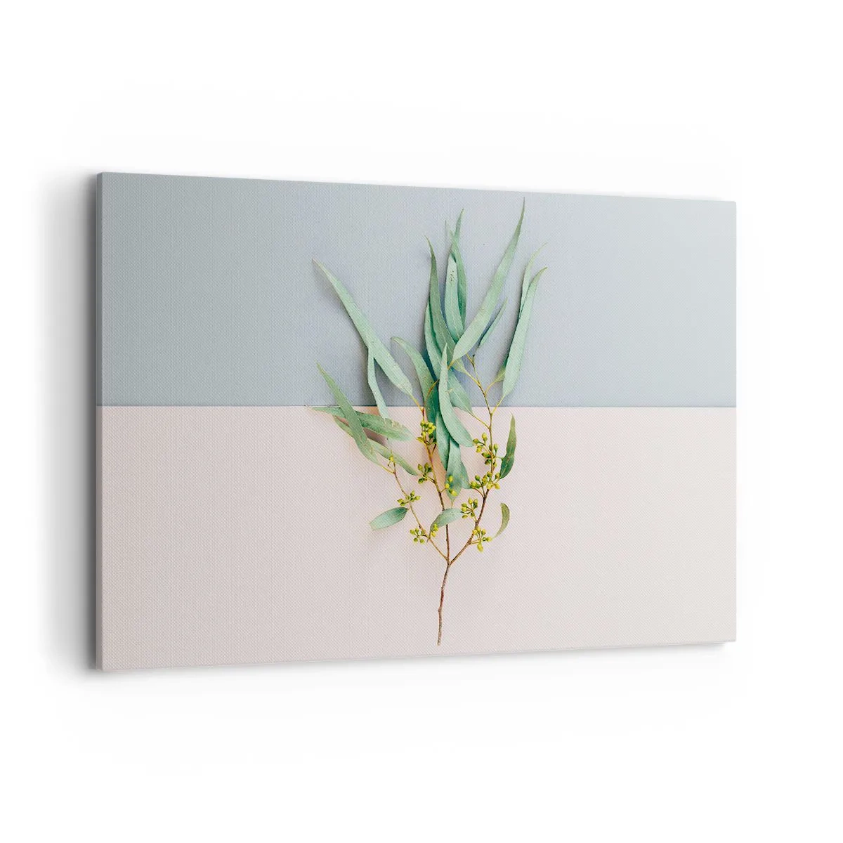 Cuadro sobre lienzo - Impresión de Imagen - Una rama con hojas sobre un fondo de tonos pastel. - 120x80cm - La sutileza del pastel - Decoración de pared moderna para salón y dormitorio ARTTOR