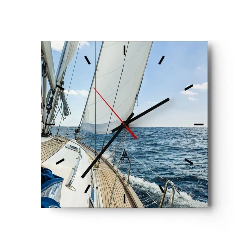 Reloj de pared - Reloj de vidrio - Un velero en un mar tranquilo bajo un cielo azul. - 30x30cm - Ahoy, a la aventura - Decoración de pared moderna para salón y dormitorio ARTTOR