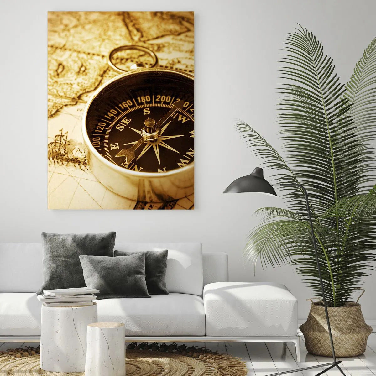 Cuadro sobre vidrio - Impresiones sobre Vidrio - Una brújula dorada sobre un fondo de mapa antiguo. - 50x70cm - ¿Este u Oeste? - Decoración de pared moderna para salón y dormitorio ARTTOR