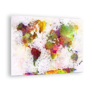 Cuadro sobre vidrio - Impresiones sobre Vidrio - Mapa del mundo de estilo artístico con salpicaduras de pintura de colores. - 70x50cm - De alguna manera, simplemente quedó así - Decoración de pared moderna para salón y dormitorio ARTTOR