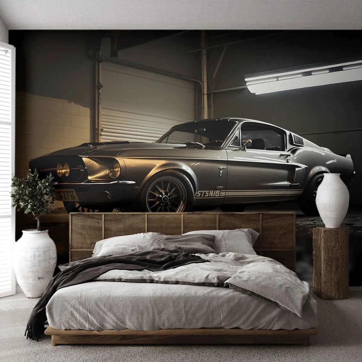 Fotomural Premium Sand - Un muscle car icónico en un garaje industrial por la noche - 100x70cm - Un retorno al pasado - Decoración de pared moderna para salón y dormitorio ARTTOR