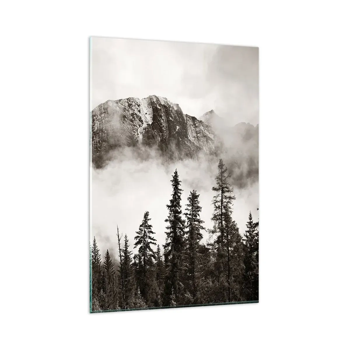 Cuadro sobre vidrio - Impresiones sobre Vidrio - Un pintoresco pico de montaña rodeado de niebla y un bosque en tonos sepia. - 80x120cm - Gobernante de granito - Decoración de pared moderna para salón y dormitorio ARTTOR