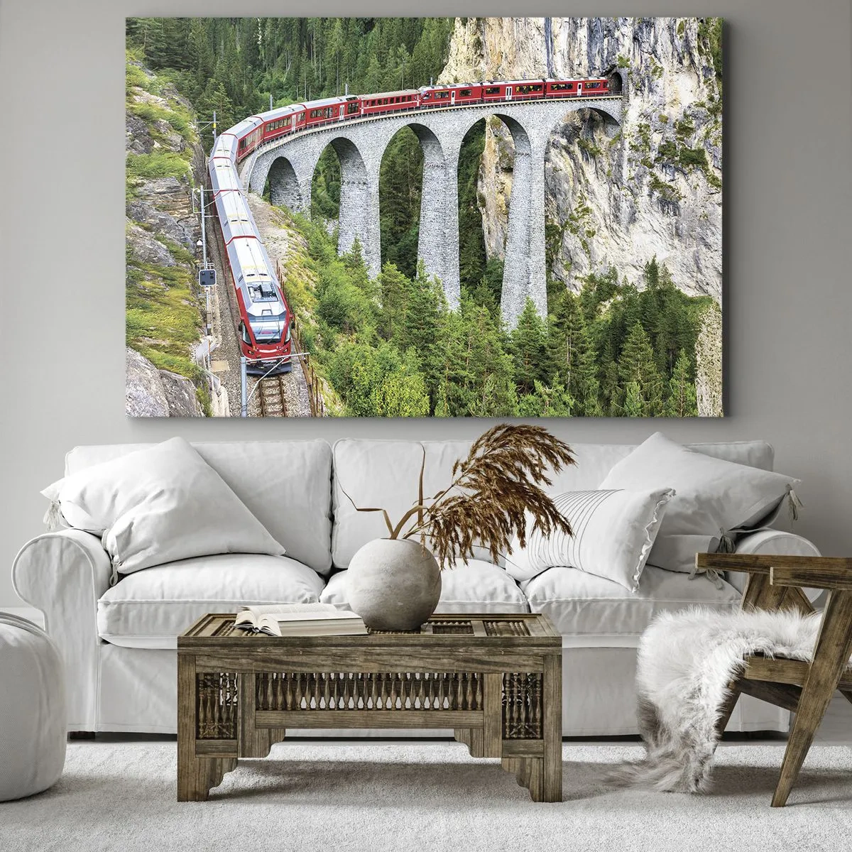 Cuadro sobre lienzo - Impresión de Imagen - Un tren en un pintoresco viaducto en un paisaje montañoso. - 120x80cm - Atravesando las montañas - Decoración de pared moderna para salón y dormitorio ARTTOR