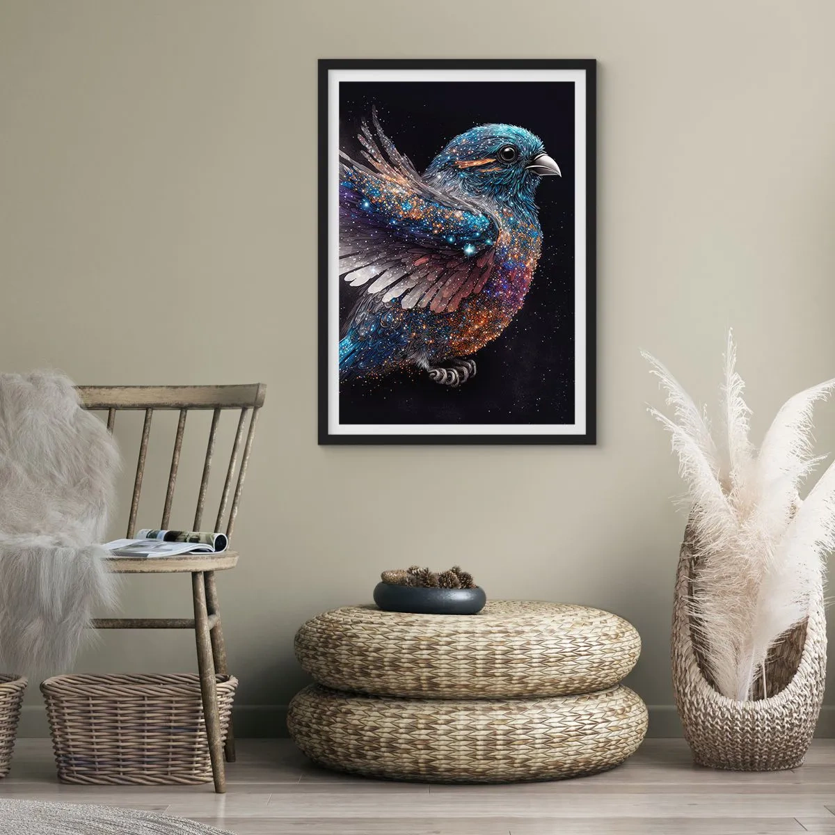 Póster en marco negro - Un pájaro espacial con plumaje de estrella sobre un fondo negro. - 50x70cm - Gorrión de diamante - Decoración de pared moderna para salón y dormitorio ARTTOR