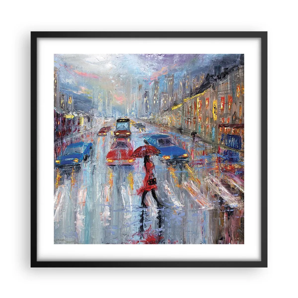 Póster en marco negro - Una tarde de lluvia en la ciudad - 50x50 cm