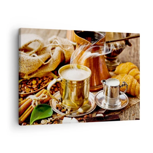 Cuadro sobre lienzo - Impresión de Imagen - Una taza de café dorada rodeada de granos, jarras y croissants. - 70x50cm - Que tengas un buen día - Decoración de pared moderna para salón y dormitorio ARTTOR