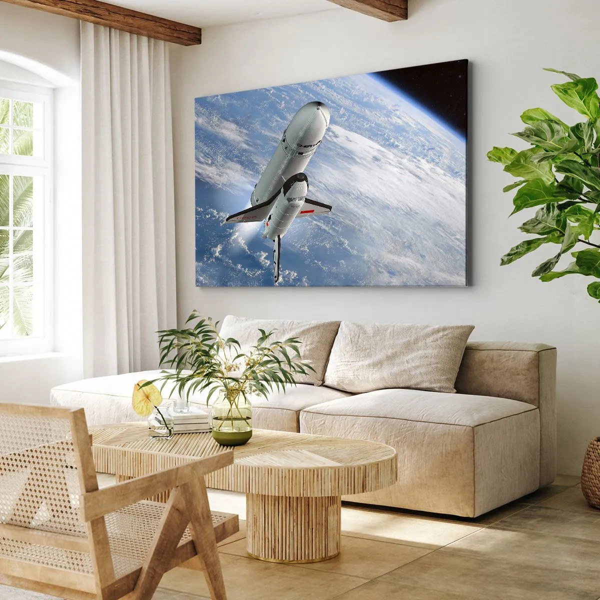 Cuadro sobre lienzo - Impresión de Imagen - Un cohete espacial elevándose contra el telón de fondo de la Tierra. - 120x80cm - Ascensión cósmica - Decoración de pared moderna para salón y dormitorio ARTTOR