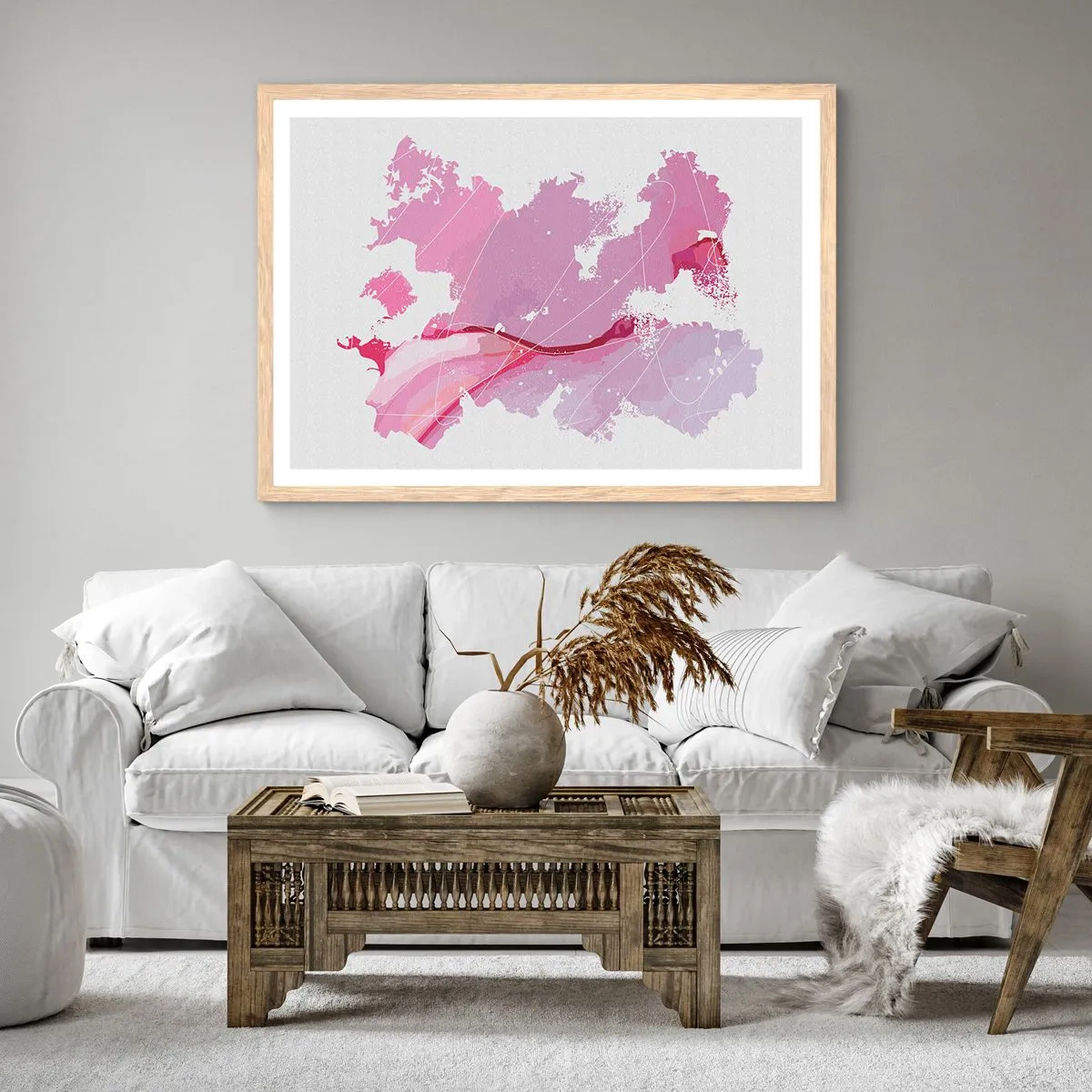 Póster en marco roble claro - Mapa de un mundo rosa - 100x70 cm