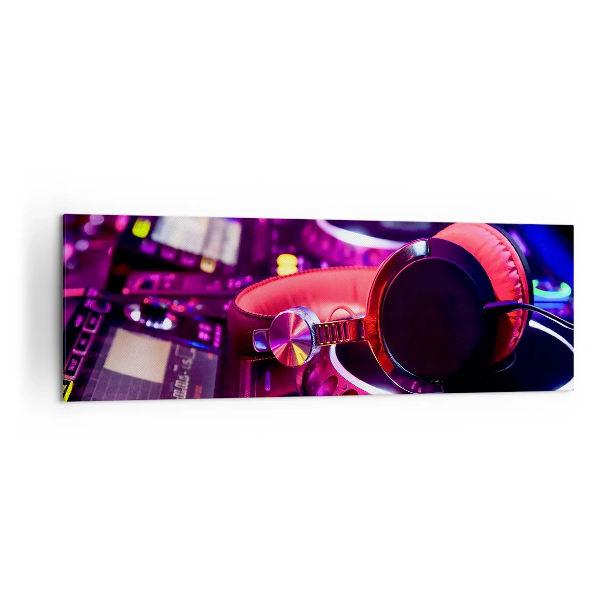 Cuadro sobre lienzo - Impresión de Imagen - Auriculares de DJ en una consola con iluminación de neón. - 160x50cm - Antes de que comience la diversión - Decoración de pared moderna para salón y dormitorio ARTTOR