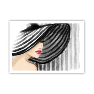 Póster - Mujer con un sombrero blanco y negro con acento rojo. - 100x70cm - ¿Dónde puedo encontrarte? - Decoración de pared moderna para salón y dormitorio ARTTOR