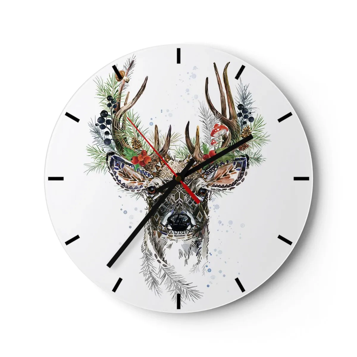 Reloj de pared - Reloj de vidrio - Ciervo estilizado con astas decorativas - 30x30cm - Con vestimenta festiva - Decoración de pared moderna para salón, cocina y dormitorio ARTTOR