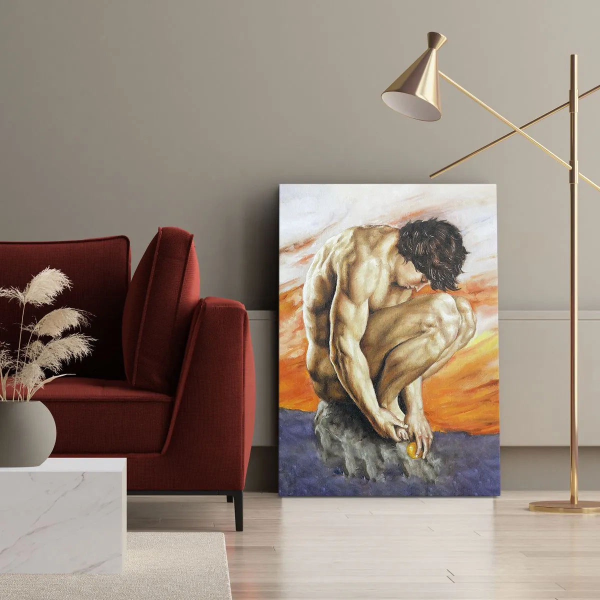Cuadro sobre lienzo - Impresión de Imagen - Un hombre perdido en sus pensamientos con el telón de fondo de una puesta de sol. - 50x70cm - Sumergido en sí mismo - Decoración de pared moderna para salón y dormitorio ARTTOR