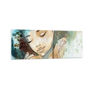 Cuadro sobre vidrio - Impresiones sobre Vidrio - Retrato de una mujer en delicados colores de acuarela. - 140x50cm - Dama de azul - Decoración de pared moderna para salón y dormitorio ARTTOR