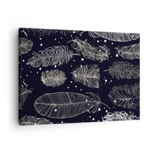 Cuadro sobre lienzo - Impresión de Imagen - Delicadas plumas blancas sobre un fondo azul marino. - 70x50cm - Encaje de plumas - Decoración de pared moderna para salón y dormitorio ARTTOR