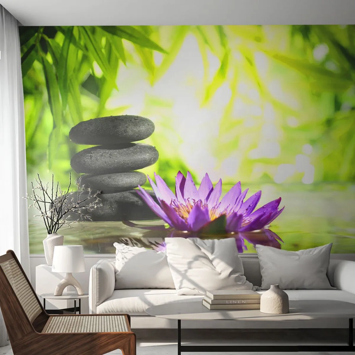 Fotomural personalizado Standard Eco - En una cabaña de bambú - Flor, flor de loto, Bambú
