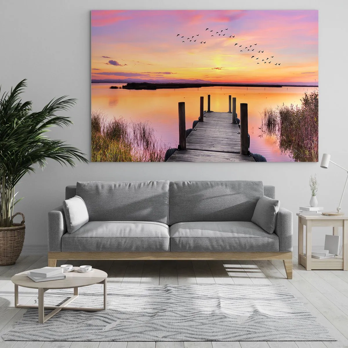 Cuadro sobre vidrio - Impresiones sobre Vidrio - Muelle junto al lago al atardecer con pájaros en el cielo - 70x50cm - Violeta amanecer silencioso - Decoración de pared moderna para salón y dormitorio ARTTOR