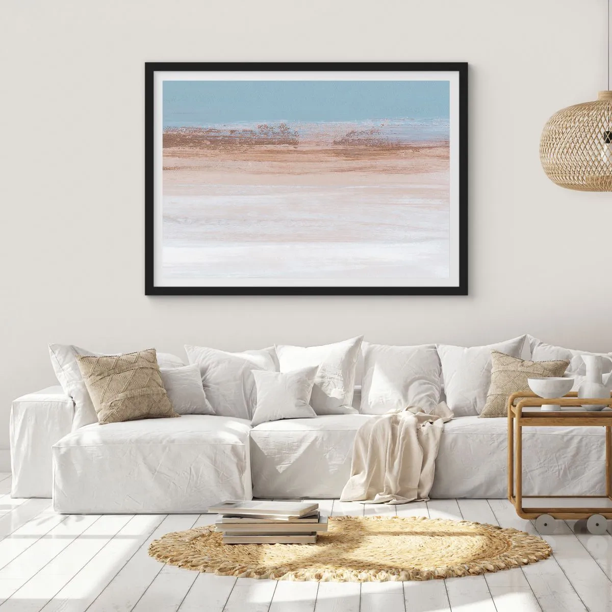 Póster en marco negro - Un paisaje sutil en tonos pastel de azul y beige. - 70x50cm - Paisaje ambiguo - Decoración de pared moderna para salón y dormitorio ARTTOR