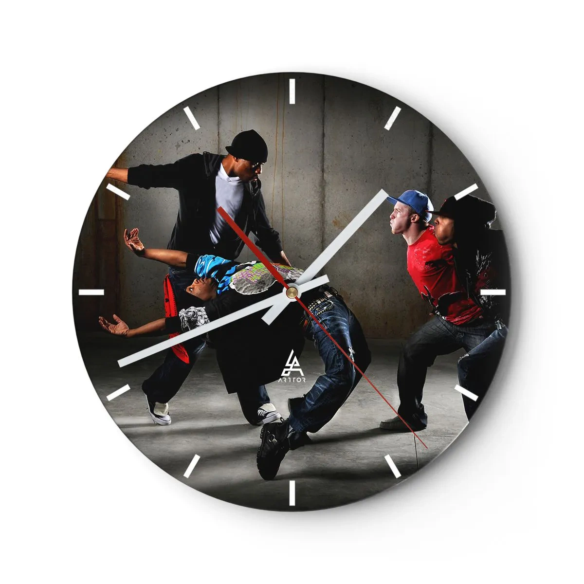 Reloj de pared - Reloj de vidrio - Un grupo de bailarines de hip-hop en poses dinámicas. - 30x30cm - Bailando con el viento de la calle - Decoración de pared moderna para salón, cocina y dormitorio ARTTOR