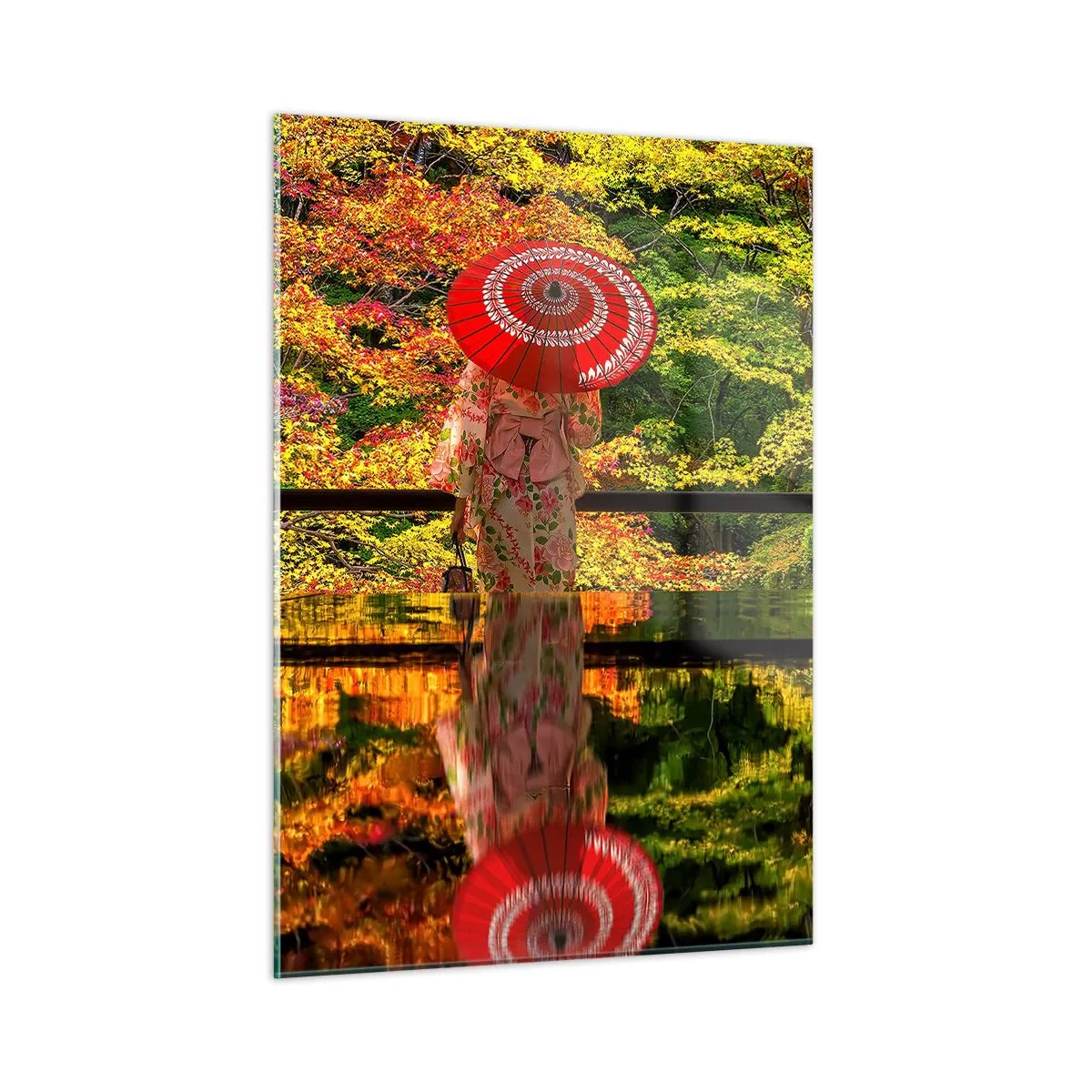Cuadro sobre vidrio - Impresiones sobre Vidrio - Una mujer con un kimono y un paraguas frente a un paisaje otoñal, reflejado en el agua. - 50x70cm - En un templo de la naturaleza - Decoración de pared moderna para salón y dormitorio ARTTOR