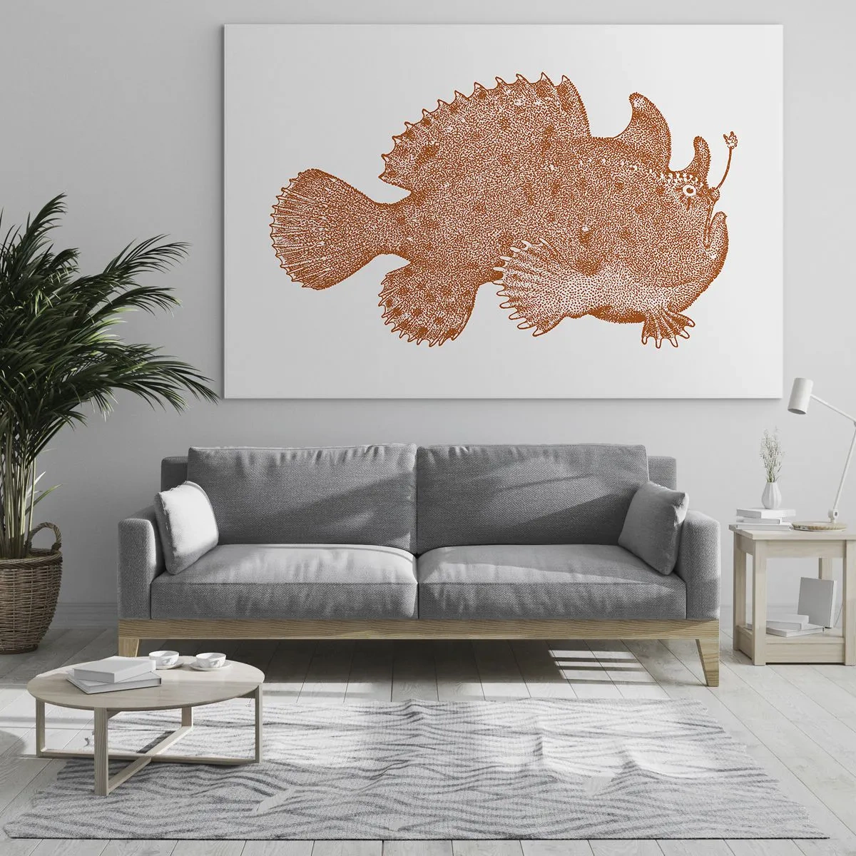 Cuadro sobre vidrio - Impresiones sobre Vidrio - Un dibujo oxidado de un pez de aguas profundas realizado con la técnica de puntos. - 70x50cm - Y sin embargo, un simple pez - Decoración de pared moderna para salón y dormitorio ARTTOR