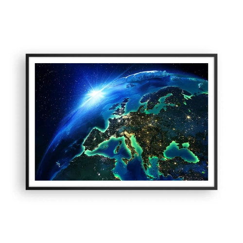Póster en marco negro - Una vista de Europa desde el espacio bajo el resplandor del sol naciente. - 100x70cm - Una Europa resplandeciente - Decoración de pared moderna para salón y dormitorio ARTTOR