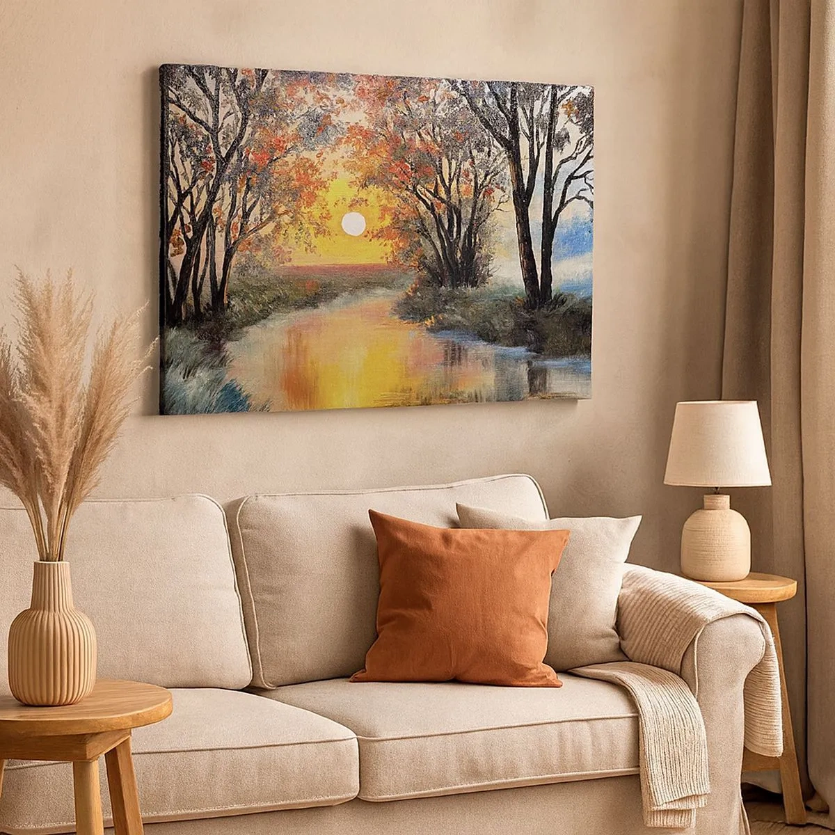 Cuadro sobre lienzo - Impresión de Imagen - Puesta de sol sobre el río en un paisaje otoñal - 70x50cm - Ambiente otoñal - Decoración de pared moderna para salón y dormitorio ARTTOR