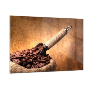 Cuadro sobre vidrio - Impresiones sobre Vidrio - Granos de café en una bolsa de yute con una cuchara de metal. - 120x80cm - En la fuente del sabor - Decoración de pared moderna para salón y dormitorio ARTTOR