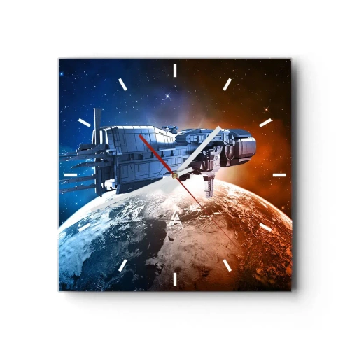Reloj de pared - Reloj de vidrio - Una nave espacial con un planeta en el espacio como telón de fondo. - 30x30cm - Un observador atento - Decoración de pared moderna para salón y dormitorio ARTTOR