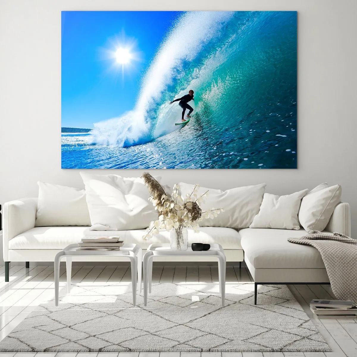 Cuadro sobre vidrio - Impresiones sobre Vidrio - Surfista en una ola en un día soleado - 100x70cm - A través de la gran ola - Decoración de pared moderna para salón y dormitorio ARTTOR