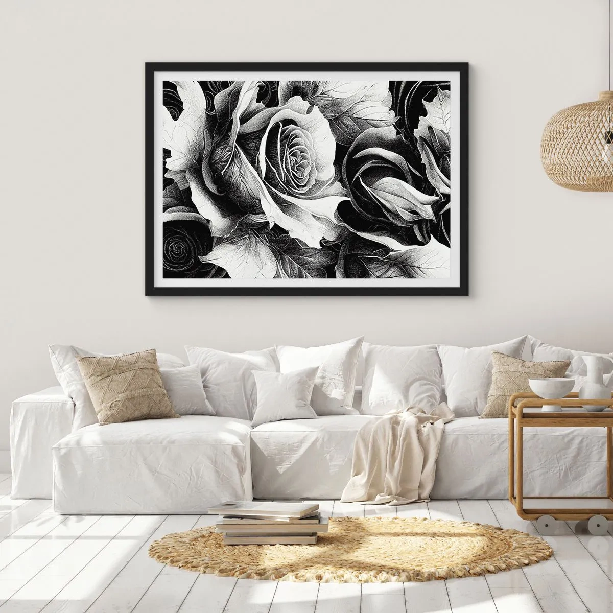 Póster en marco negro - Rosas blancas y negras en una elegante composición. - 100x70cm - Siempre como una reina - Decoración de pared moderna para salón y dormitorio ARTTOR