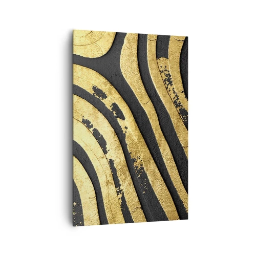 Cuadro sobre lienzo - Impresión de Imagen - Ondas abstractas doradas sobre un fondo negro - 80x120cm - Todo fluye - Decoración de pared moderna para salón y dormitorio ARTTOR