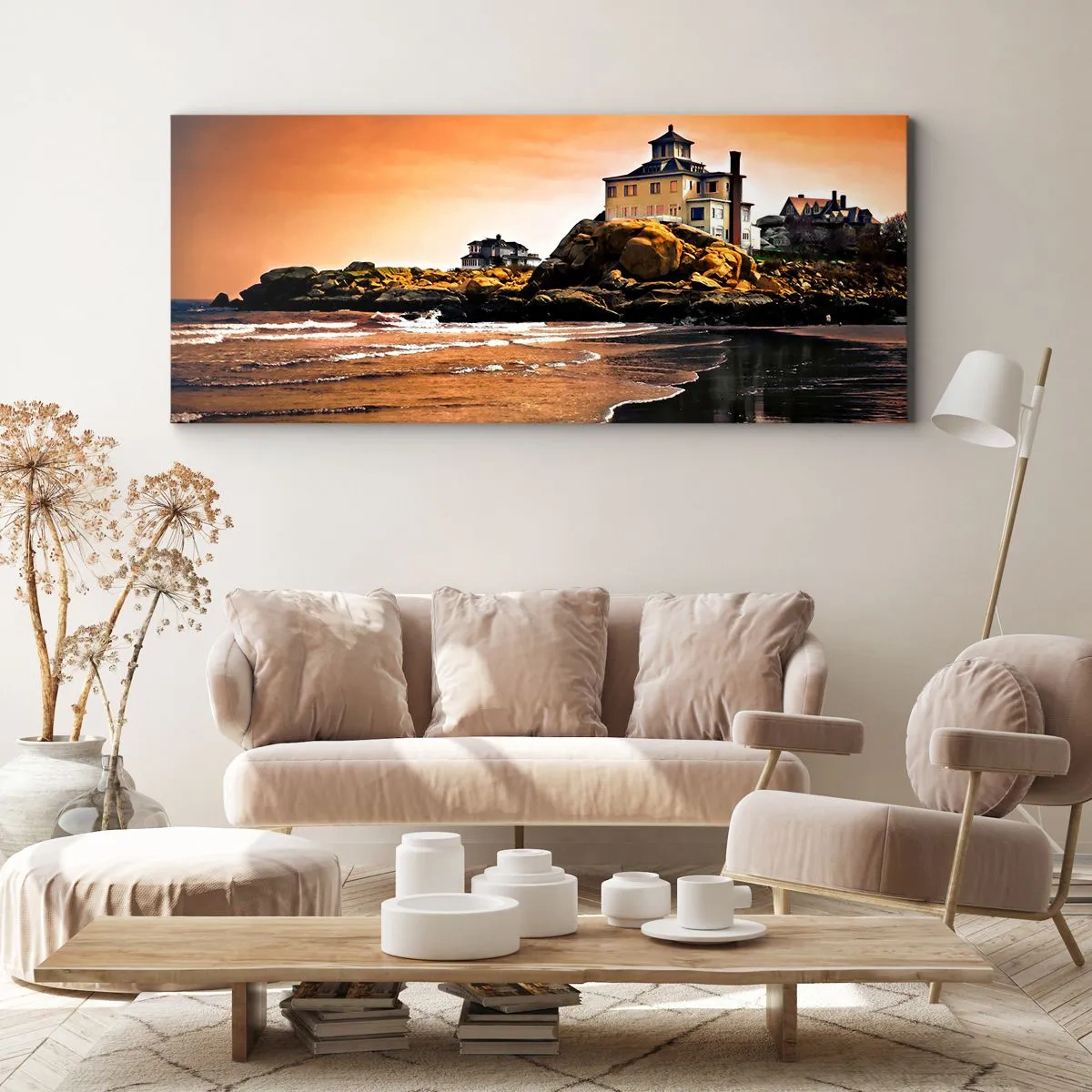 Cuadro sobre lienzo - Impresión de Imagen - Una casa sobre una roca junto a la playa al atardecer con su reflejo en el agua. - 140x50cm - La elegancia de la costa oeste - Decoración de pared moderna para salón y dormitorio ARTTOR