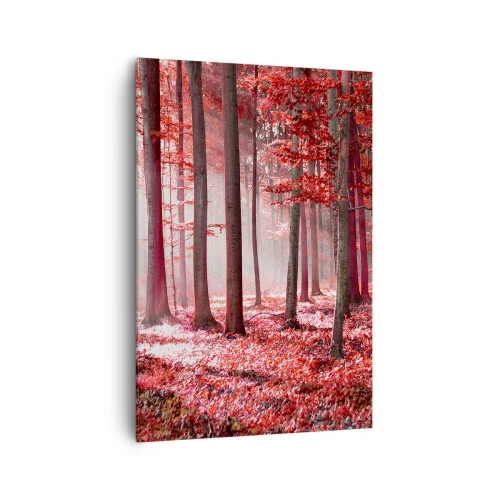 Cuadro sobre lienzo - Impresión de Imagen - Un impresionante bosque en tonos rojos con rayos de luz que penetran a través de los árboles. - 70x100cm - Rojo como el que más - Decoración de pared moderna para salón y dormitorio ARTTOR