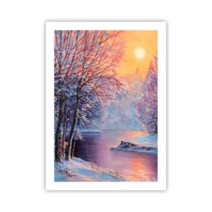 Póster - Paisaje invernal con un río bajo el resplandor del sol poniente. - 50x70cm - Colores del invierno - Decoración de pared moderna para salón y dormitorio ARTTOR