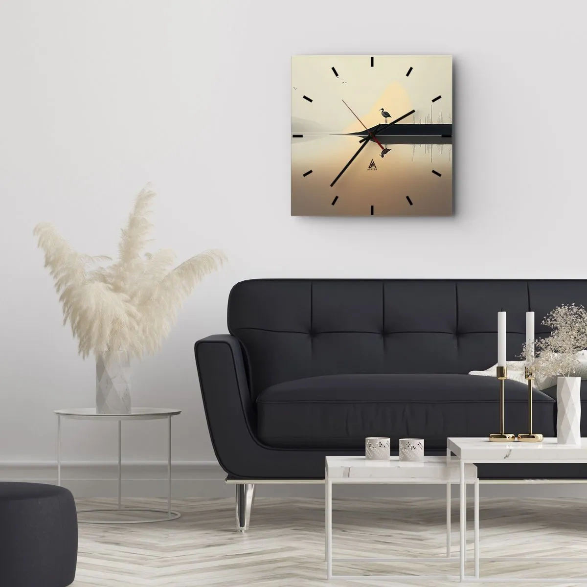 Reloj de pared - Reloj de vidrio - Un pájaro en una isla en un lago tranquilo con tonos cálidos. - 30x30cm - Un caballero en el lago - Decoración de pared moderna para salón y dormitorio ARTTOR