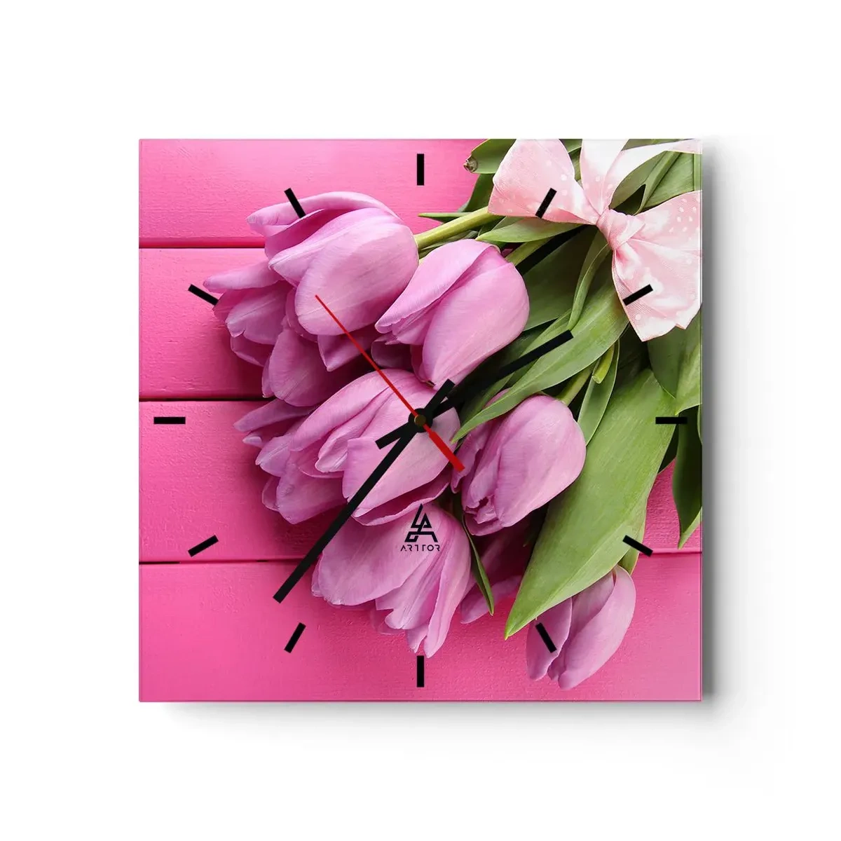 Reloj de pared - Reloj de vidrio - Un ramo de tulipanes rosas con un lazo sobre un fondo rosa. - 30x30cm - Solo para ti - Decoración de pared moderna para salón y dormitorio ARTTOR