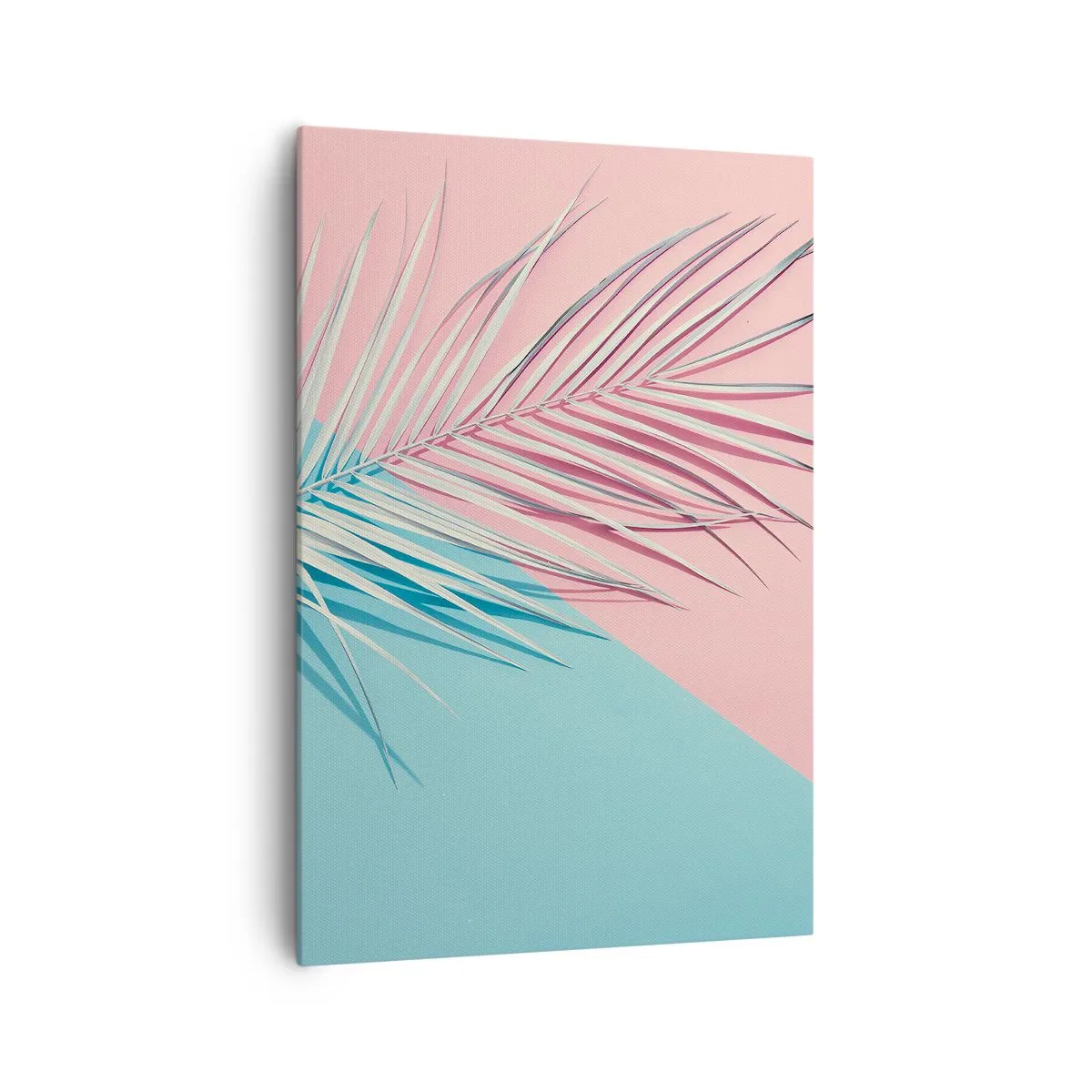 Cuadro sobre lienzo - Impresión de Imagen - Hoja tropical sobre un fondo de tonos pastel de rosa y azul. - 70x100cm - Impresión tropical - Decoración de pared moderna para salón y dormitorio ARTTOR
