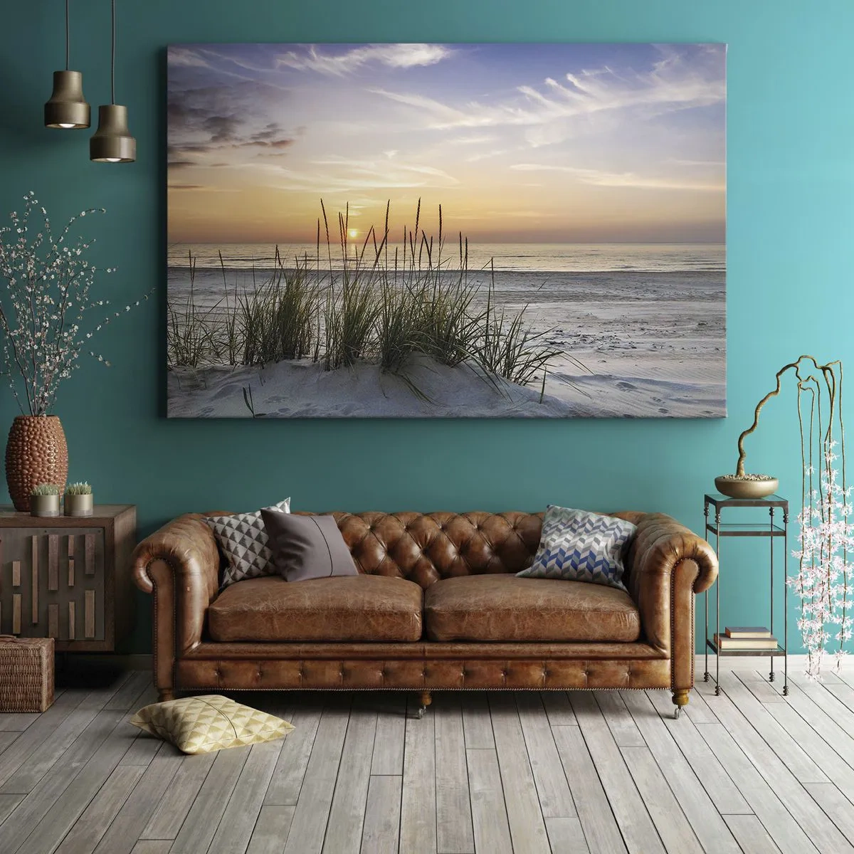 Cuadro sobre lienzo - Impresión de Imagen - Una playa de arena al atardecer con césped al fondo. - 100x70cm - Mira, piensa, siente - Decoración de pared moderna para salón y dormitorio ARTTOR