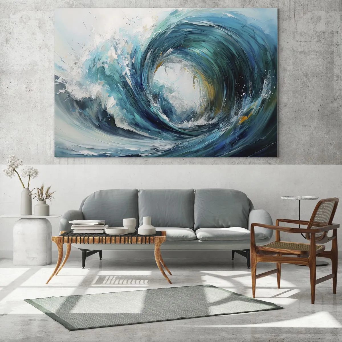 Cuadro sobre vidrio - Impresiones sobre Vidrio - Visualización de una poderosa ola del mar en forma de remolino de color azul intenso. - 70x50cm - Portal marino - Decoración de pared moderna para salón y dormitorio ARTTOR