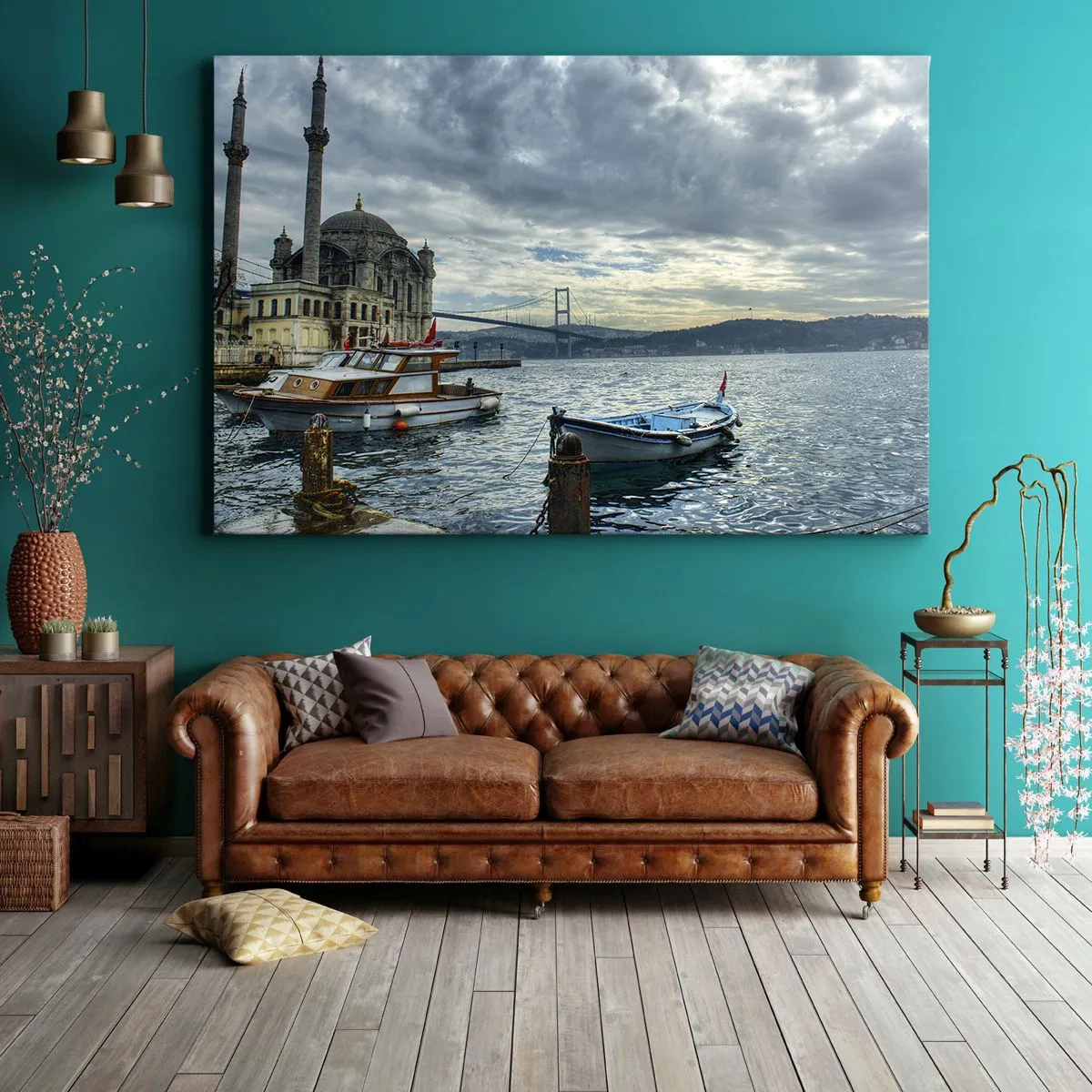 Cuadro sobre lienzo - Impresión de Imagen - Un edificio histórico sobre el agua con barcos y un puente al fondo. - 70x50cm - En el límite del mundo - Decoración de pared moderna para salón y dormitorio ARTTOR