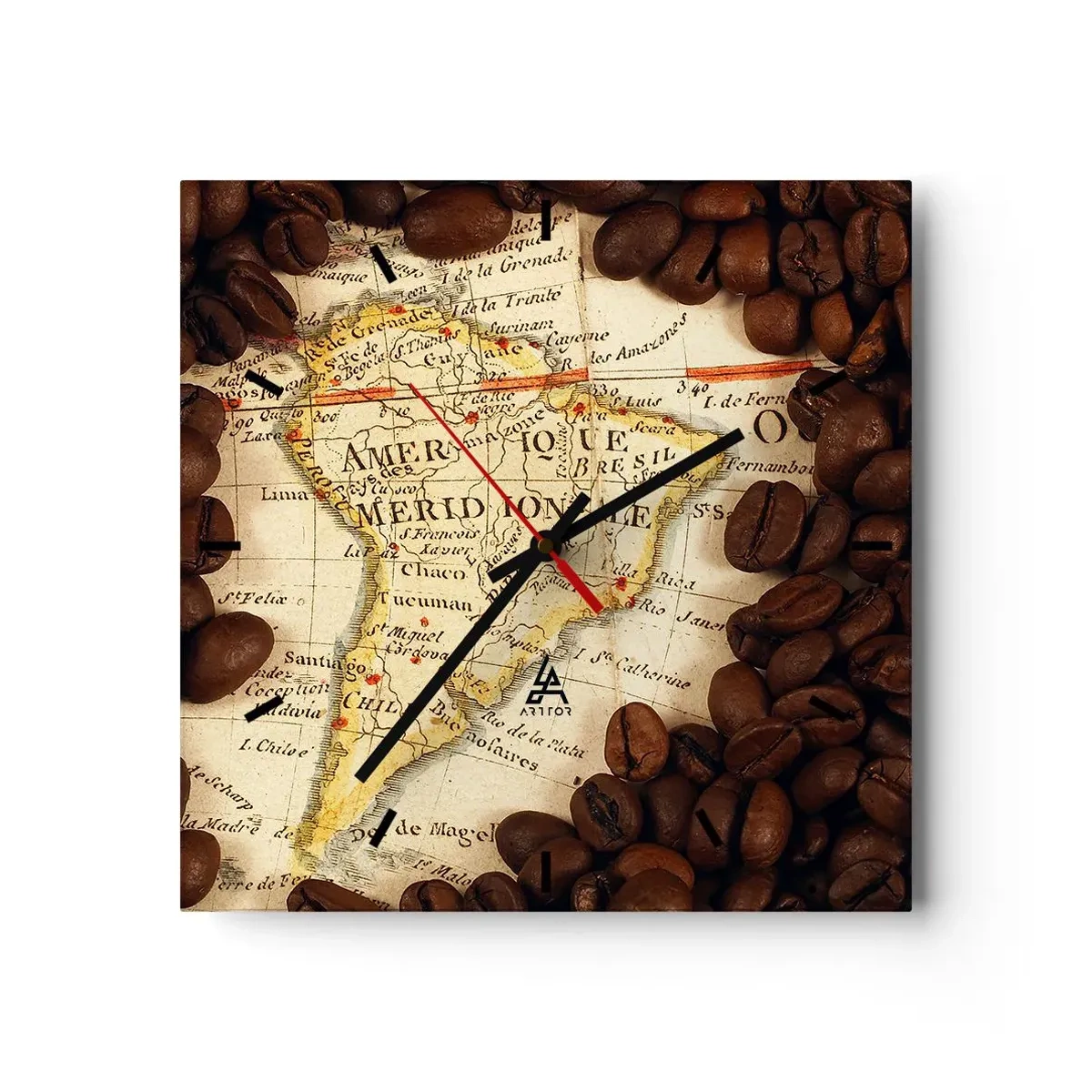 Reloj de pared - Reloj de vidrio - Un mapa de Sudamérica rodeado de granos de café. - 30x30cm - ¿De dónde viene el mejor café? - Decoración de pared moderna para salón y dormitorio ARTTOR