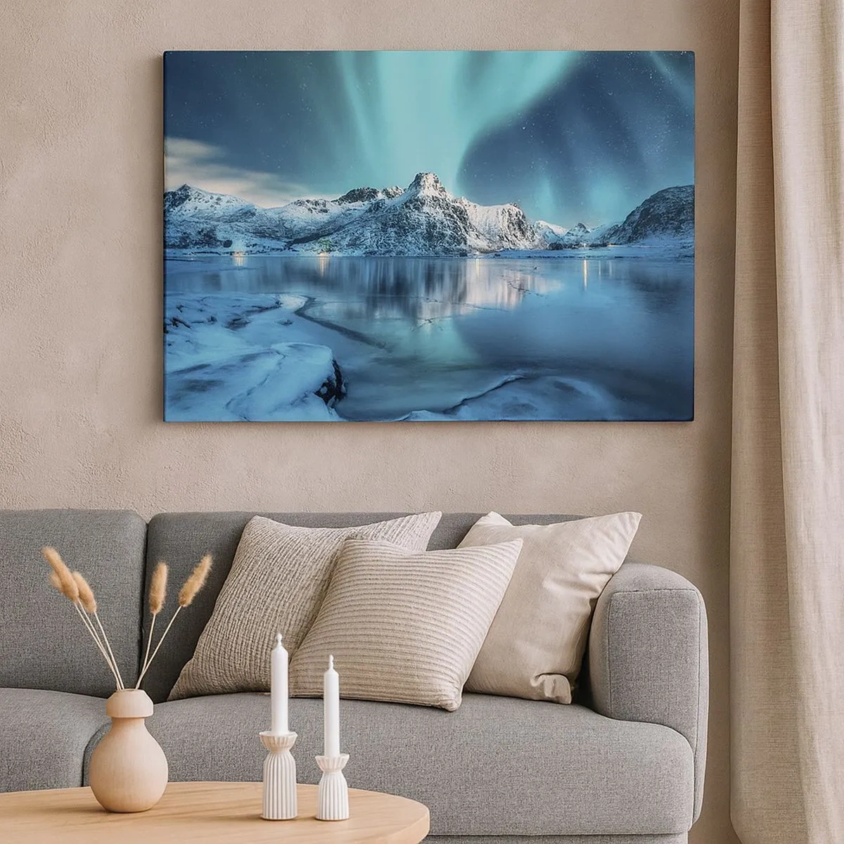 Cuadro sobre lienzo - Impresión de Imagen - Aurora boreal sobre montañas nevadas y un lago - 70x50cm - Una noche de luz - Decoración de pared moderna para salón y dormitorio ARTTOR