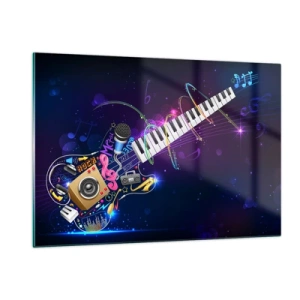 Cuadro sobre vidrio - Impresiones sobre Vidrio - Composición musical colorida con instrumentos y notas. - 120x80cm - El poder del ritmo - Decoración de pared moderna para salón y dormitorio ARTTOR