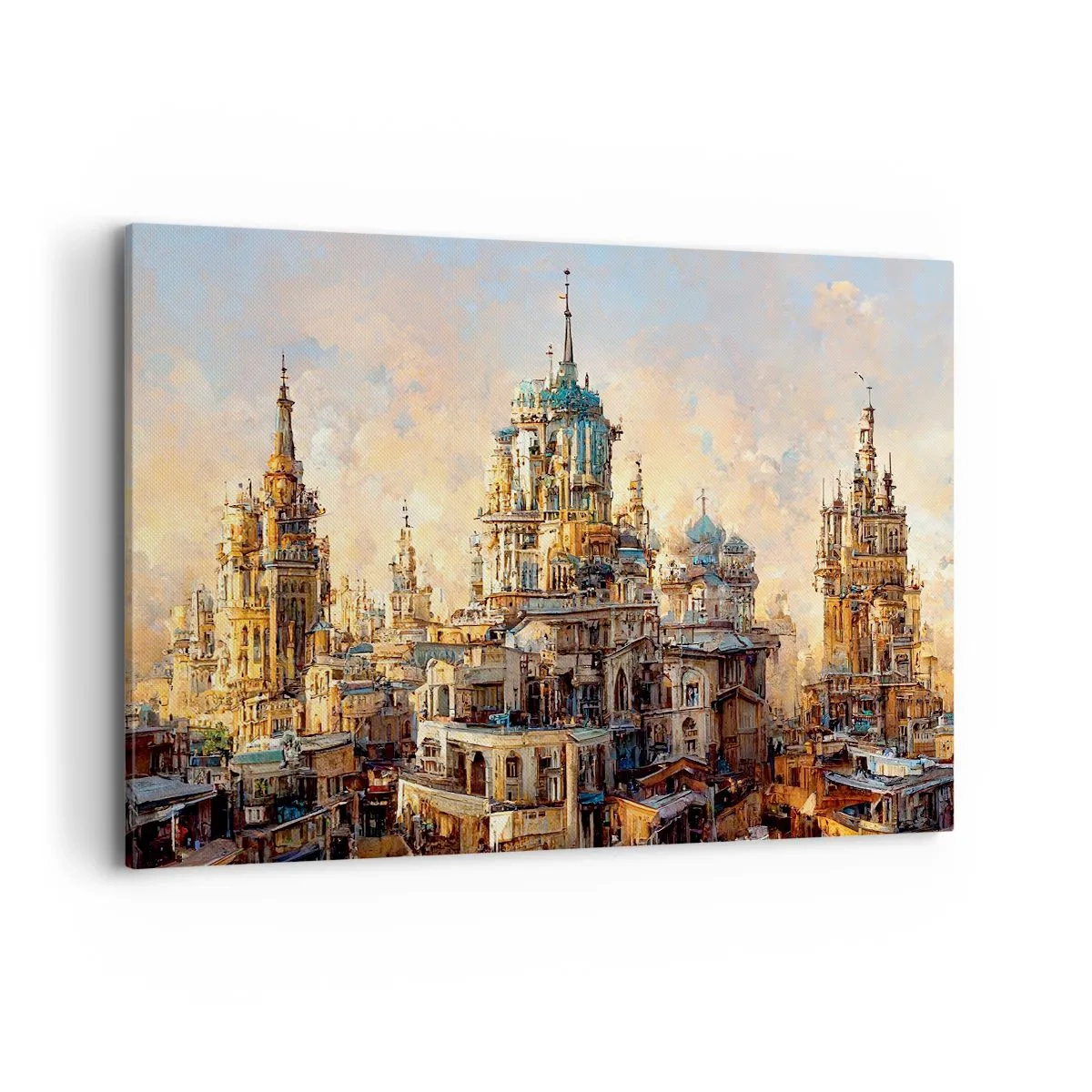 Cuadro sobre lienzo - Impresión de Imagen - Torres arquitectónicas bajo los rayos del sol poniente - 120x80cm - Una ciudad de ciudades - Decoración de pared moderna para salón y dormitorio ARTTOR
